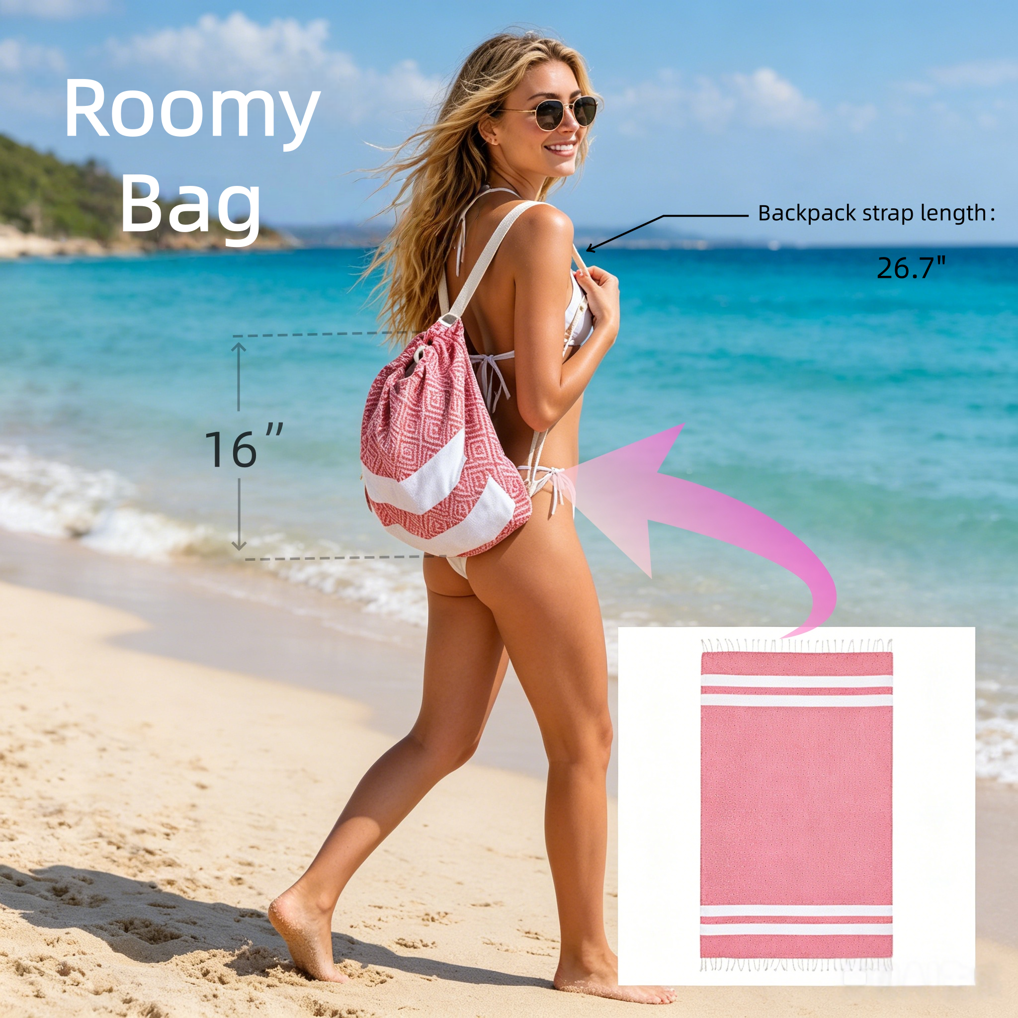2 in 1 Beach Towel & Beach Tote - Pink Stripe