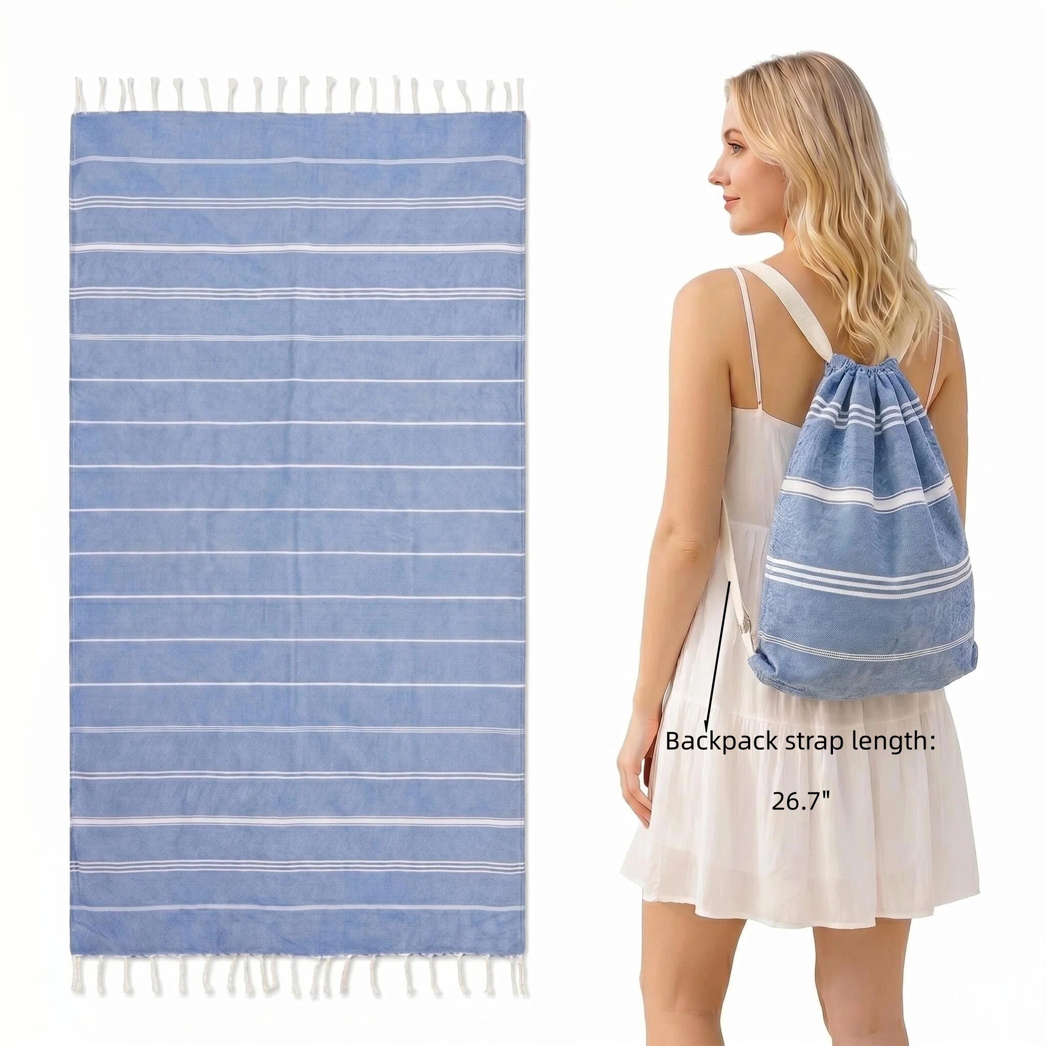 2 in 1 Beach Towel & Beach Tote - Blue Stripe