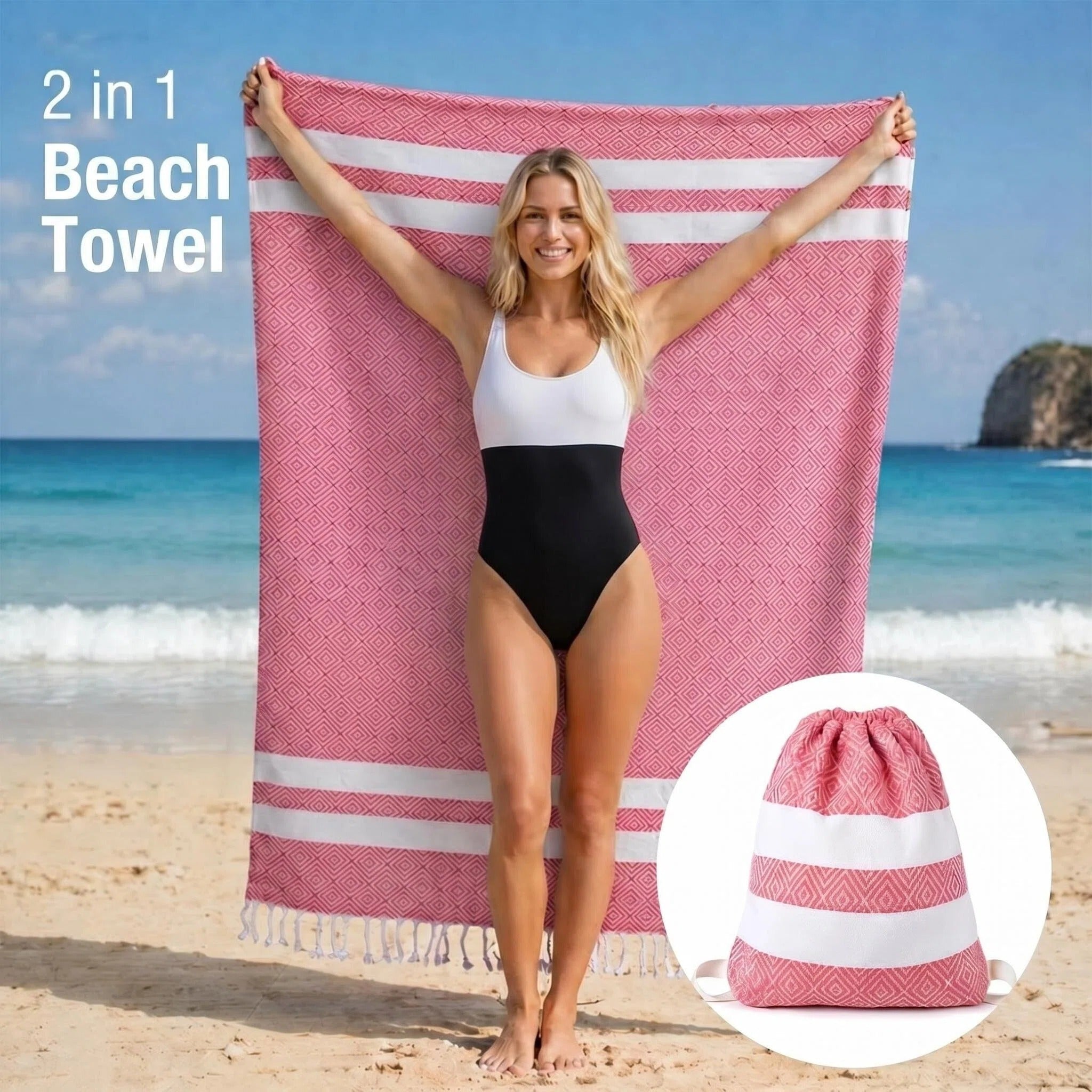 2 in 1 Beach Towel & Beach Tote - Pink Stripe